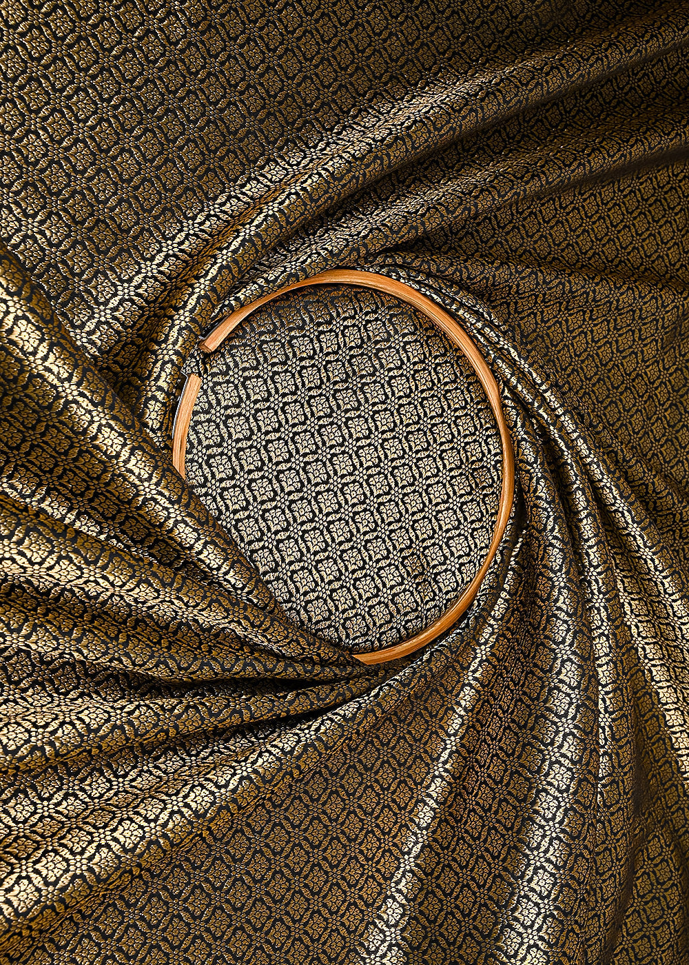 Black Banarasi Brocade Fabric With All Over Golden Zari Handloom 23375