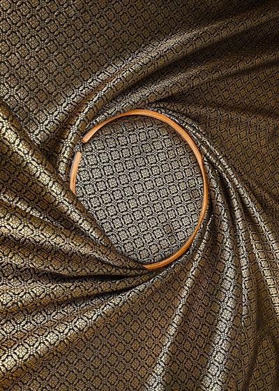 Black Banarasi Brocade Fabric With All Over Golden Zari Handloom 23375