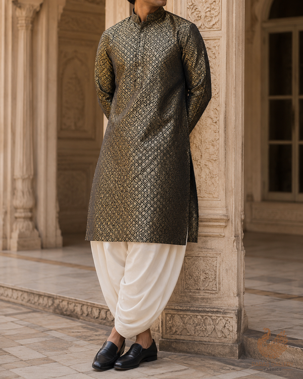 Black Banarasi Brocade Fabric With All Over Golden Zari Handloom 23375