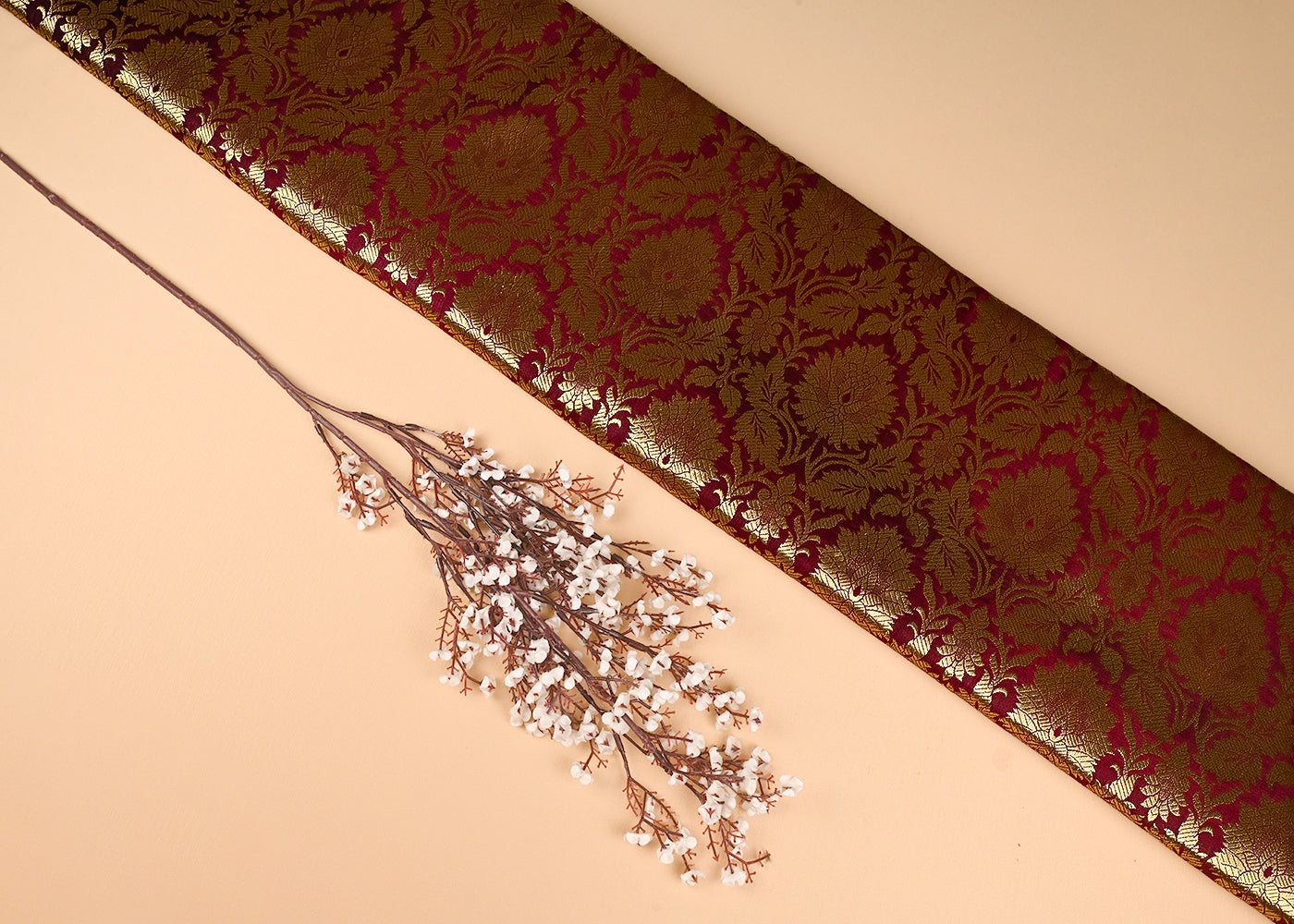 Wine Banarasi Brocade Fabric With All Over Golden Zari Handloom 23377
