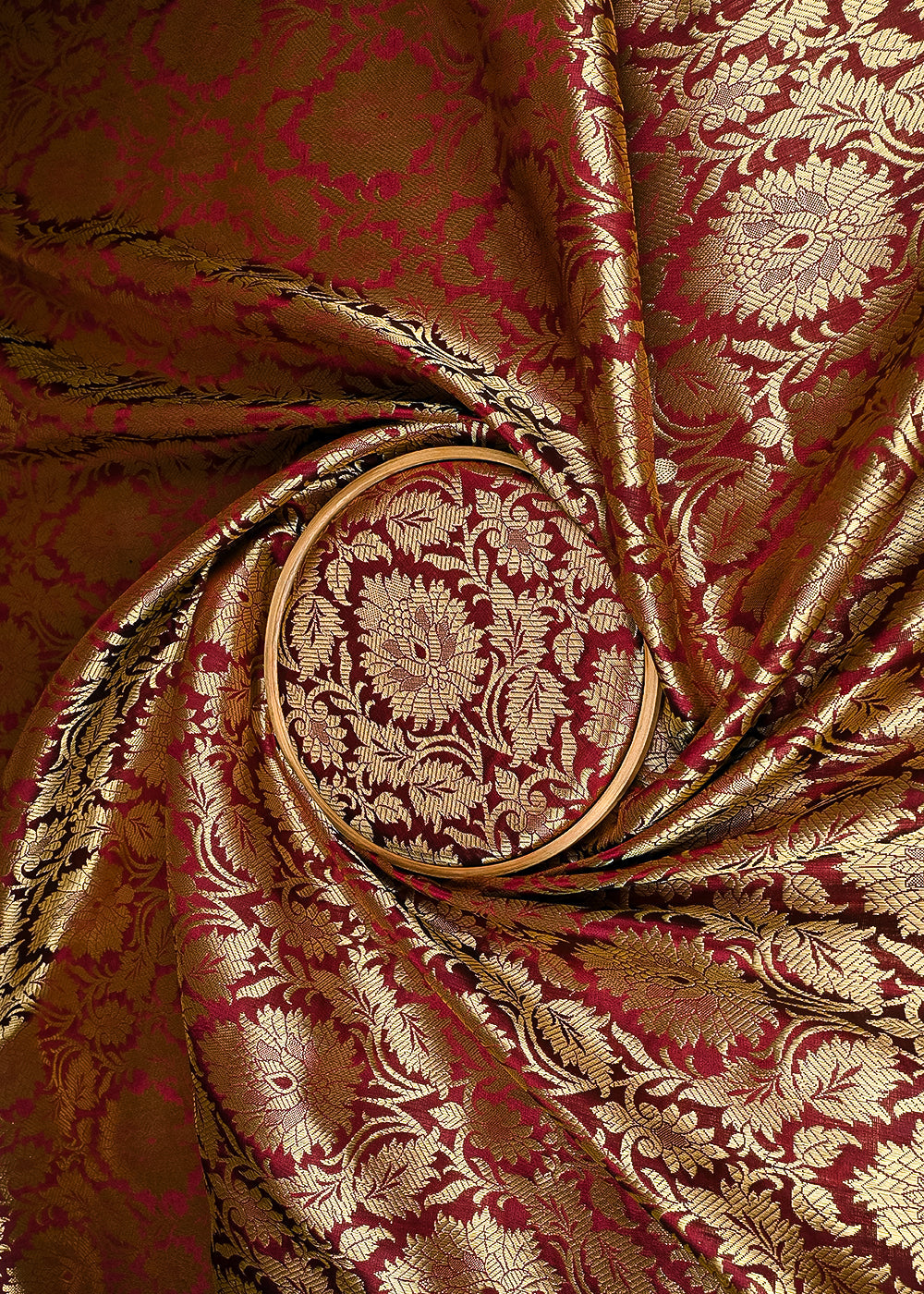 Wine Banarasi Brocade Fabric With All Over Golden Zari Handloom 23377