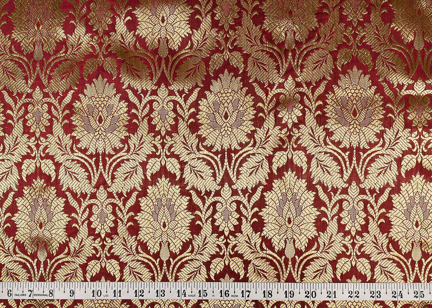 Wine Banarasi Brocade Fabric With All Over Golden Zari Handloom 23377