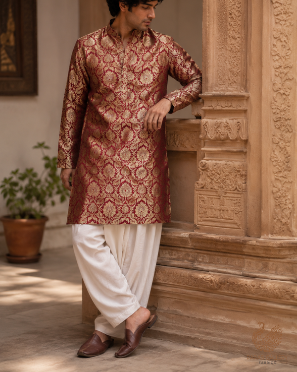 Wine Banarasi Brocade Fabric With All Over Golden Zari Handloom 23377