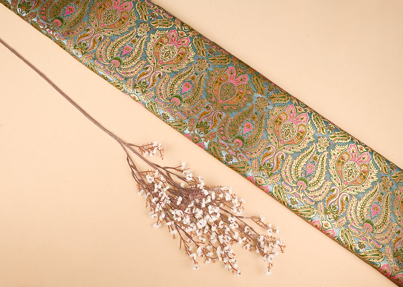 Ice Blue Banarasi Brocade Fabric With All Over Golden Zari Handloom 23378