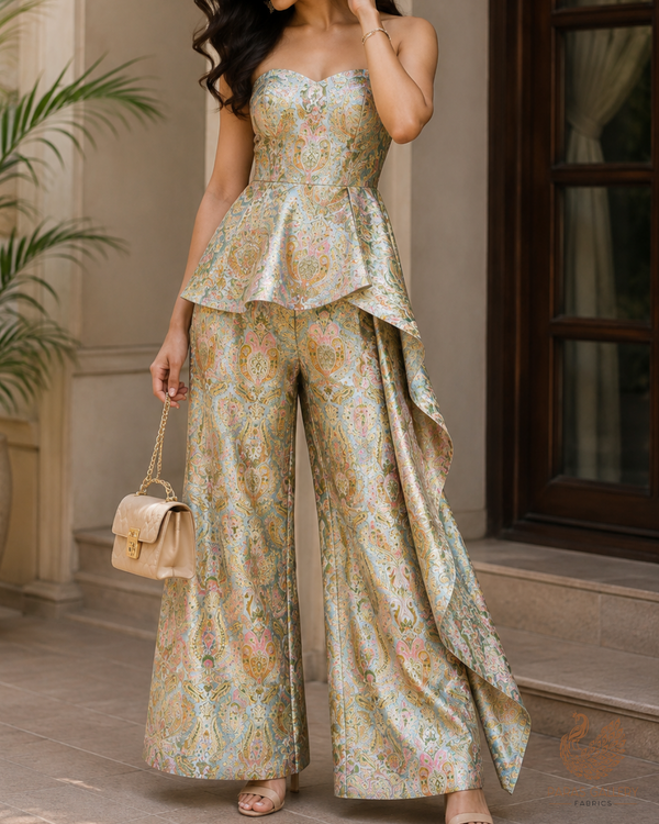 Ice Blue Banarasi Brocade Fabric With All Over Golden Zari Handloom 23378