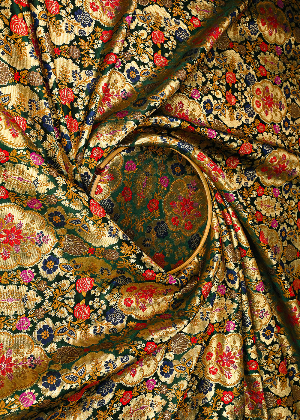 Bottle Green Banarasi Brocade Fabric With All Over Golden Zari Handloom 23379