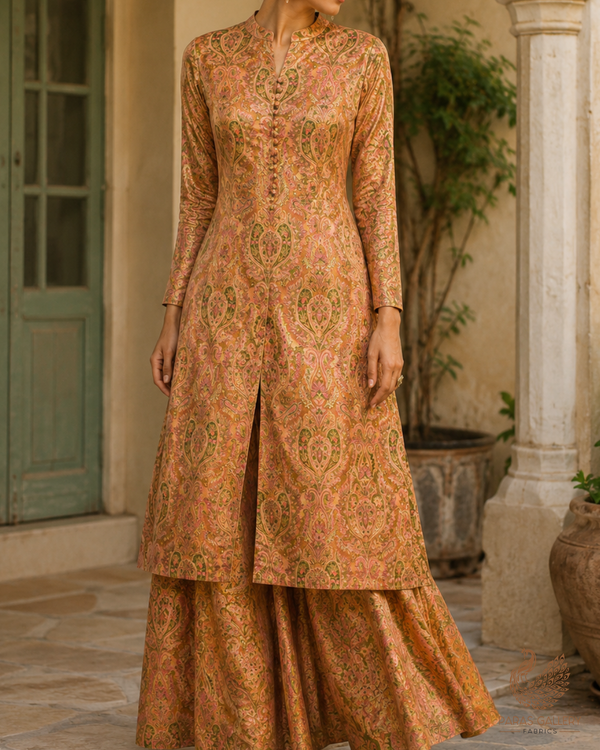 Dark Beige Banarasi Brocade Fabric With All Over Golden Zari Handloom 23380