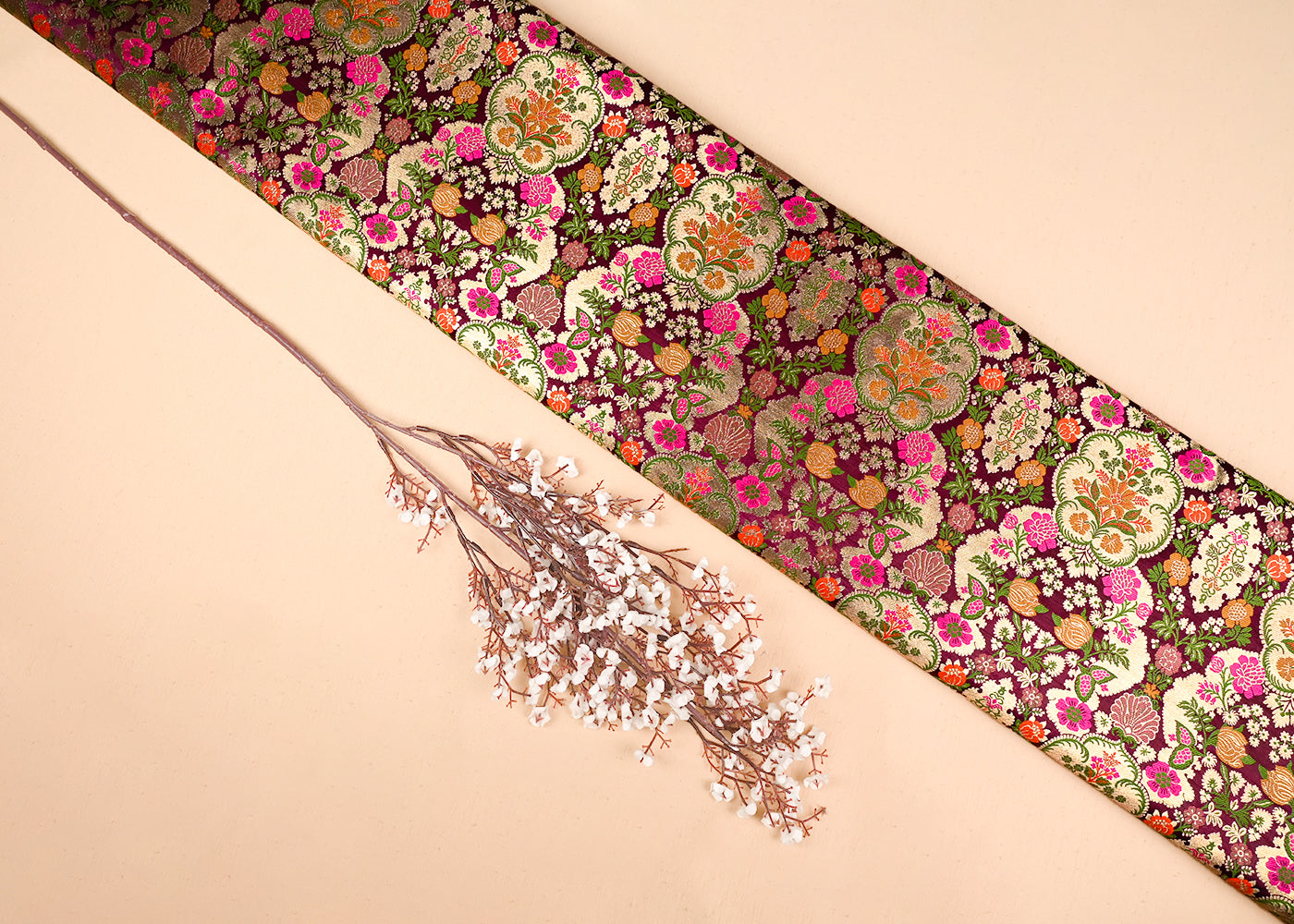 Wine Banarasi Brocade Fabric With All Over Golden Zari Handloom 23381