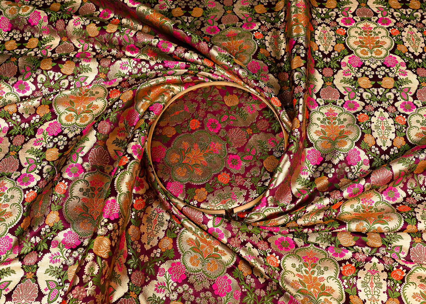 Wine Banarasi Brocade Fabric With All Over Golden Zari Handloom 23381
