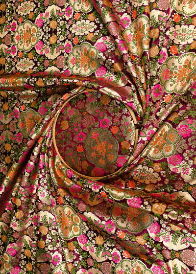 Wine Banarasi Brocade Fabric With All Over Golden Zari Handloom 23381