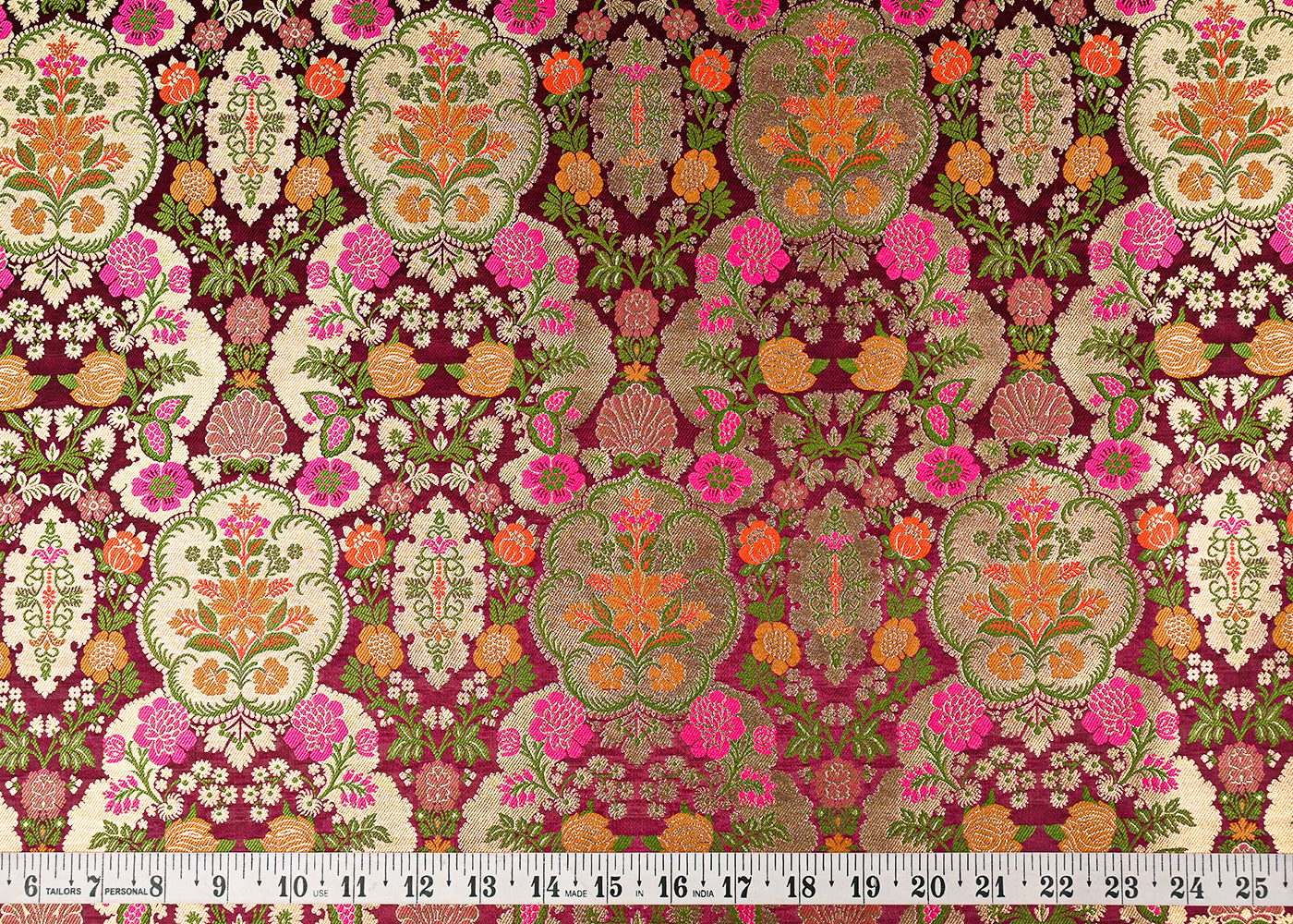Wine Banarasi Brocade Fabric With All Over Golden Zari Handloom 23381