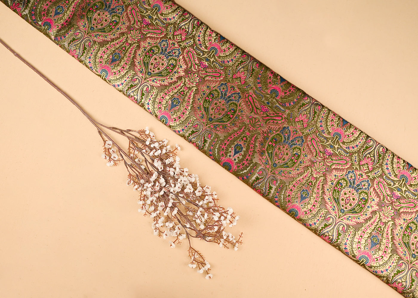 Beige Banarasi Brocade Fabric With All Over Golden Zari Handloom 23382