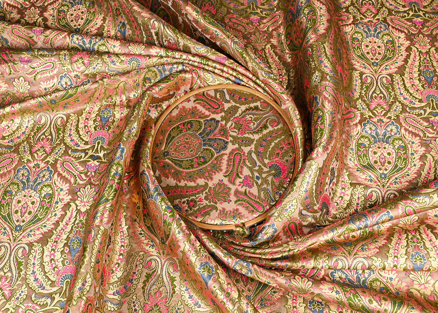 Beige Banarasi Brocade Fabric With All Over Golden Zari Handloom 23382