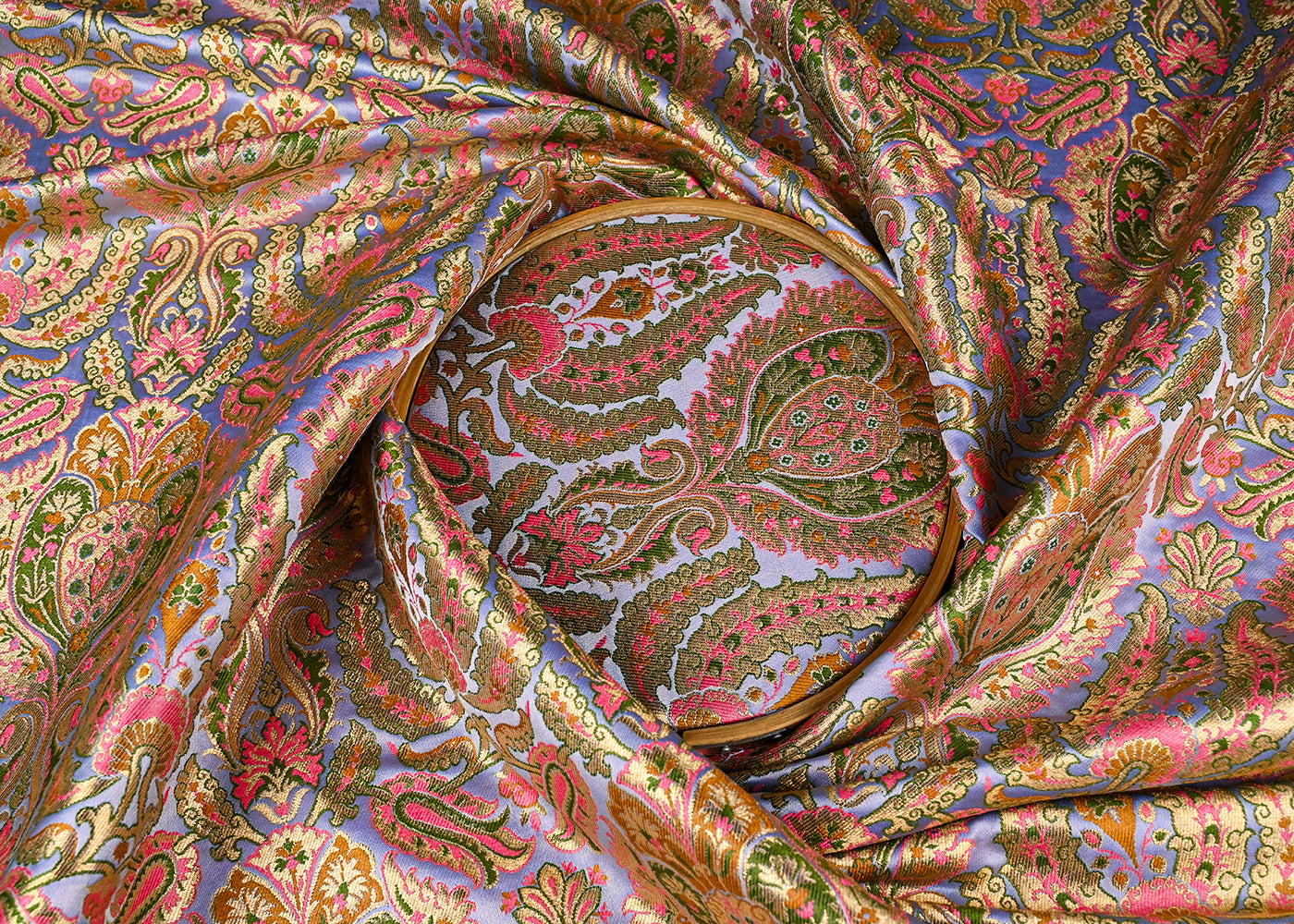 Lavender Banarasi Brocade Fabric With All Over Golden Zari Handloom 23384