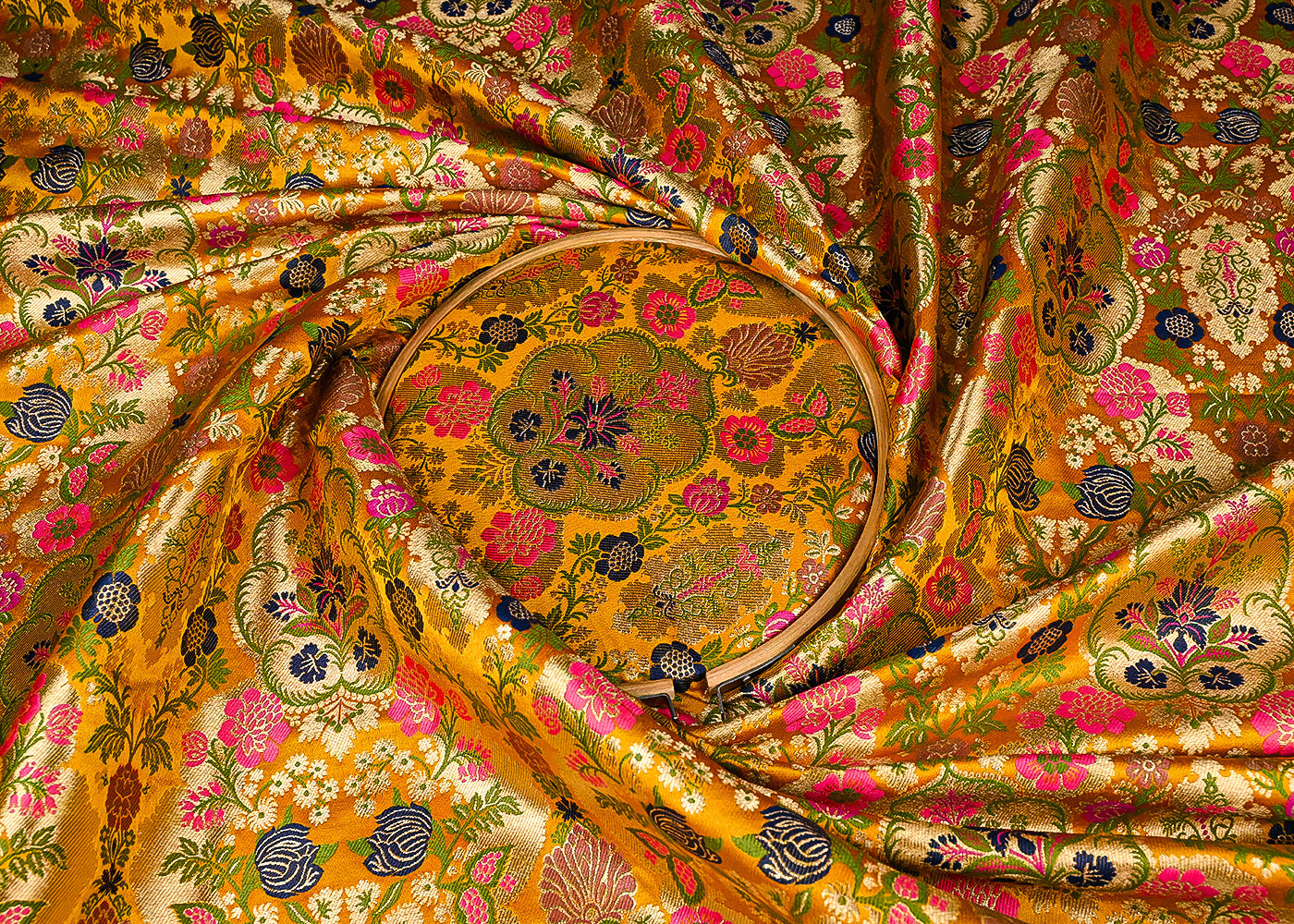 Mustard Banarasi Brocade Fabric With All Over Golden Zari Handloom 23385