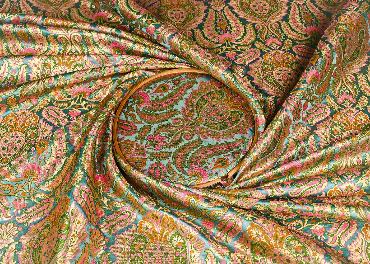 Powder Blue Banarasi Brocade Fabric With All Over Golden Zari Handloom 23386
