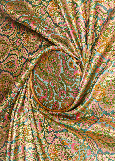 Powder Blue Banarasi Brocade Fabric With All Over Golden Zari Handloom 23386