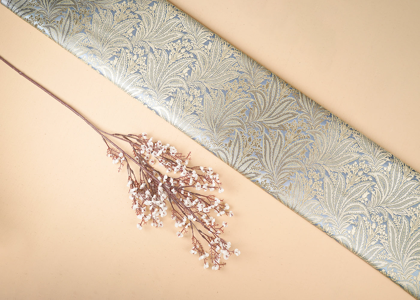 Grey Banarasi Brocade Fabric With All Over Golden Zari Handloom 23387
