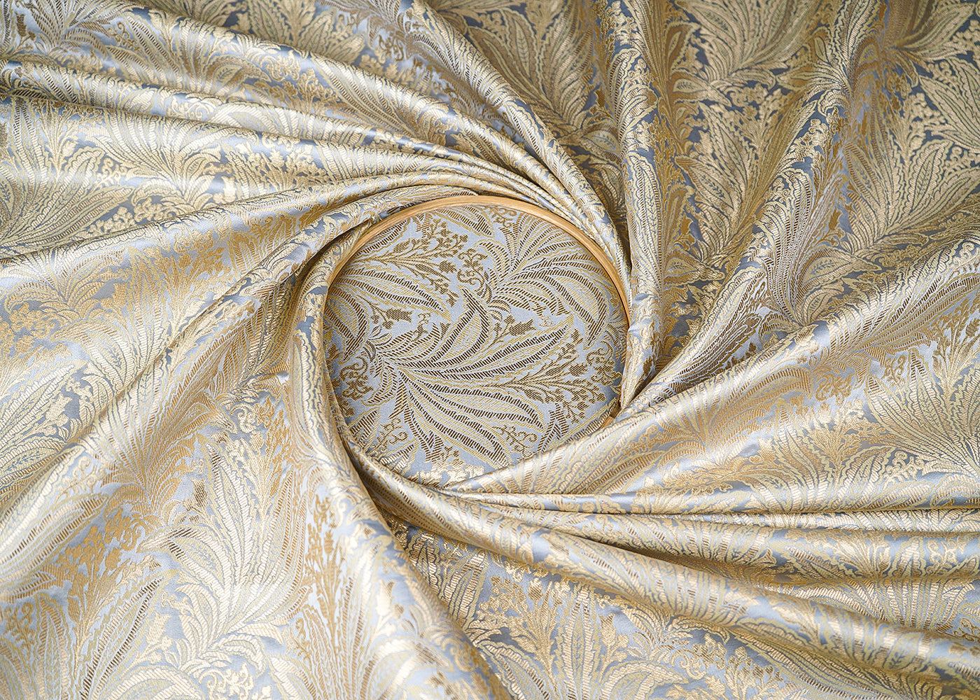 Grey Banarasi Brocade Fabric With All Over Golden Zari Handloom 23387