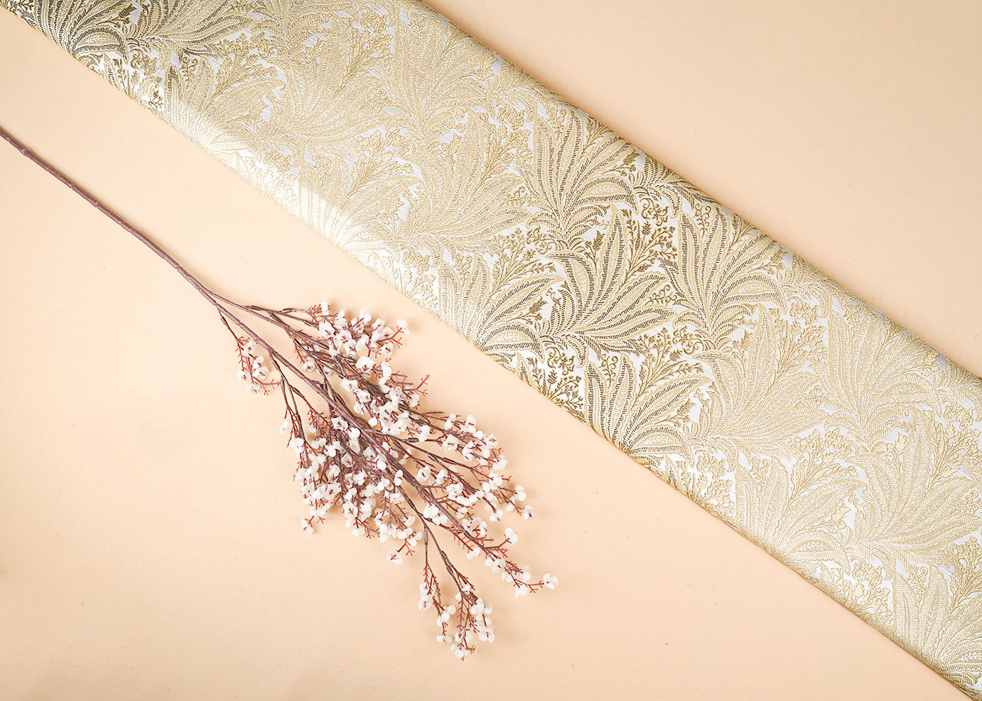 White Banarasi Brocade Fabric With All Over Golden Zari Handloom 23388