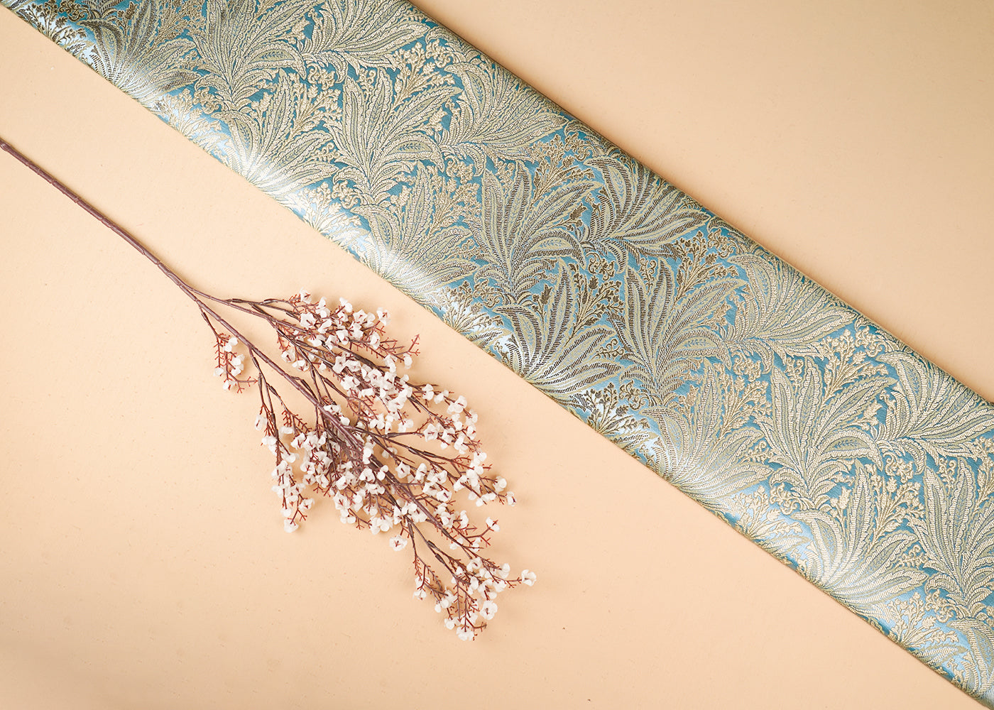Ice Blue Banarasi Brocade Fabric With All Over Golden Zari Handloom 23390