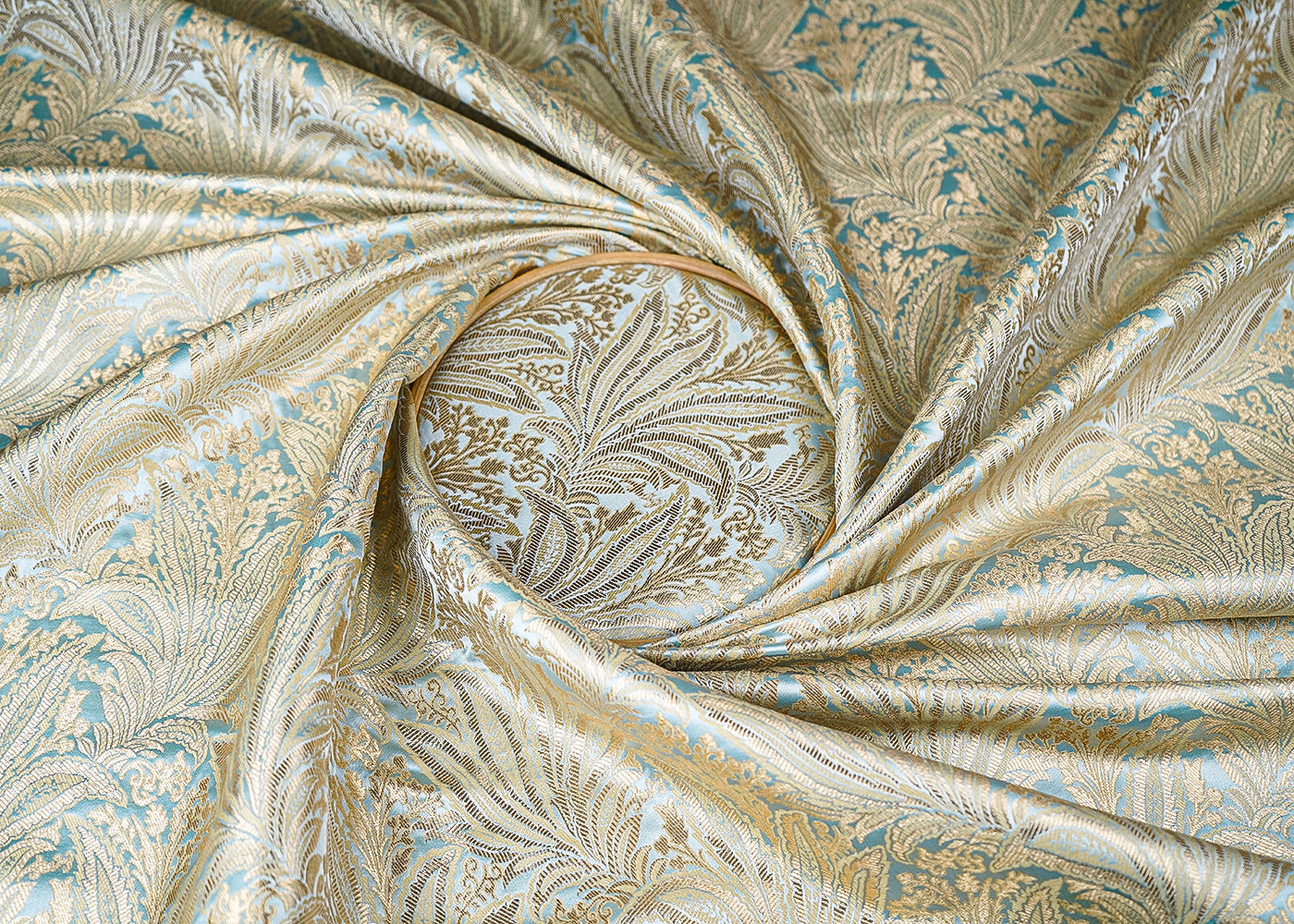 Ice Blue Banarasi Brocade Fabric With All Over Golden Zari Handloom 23390