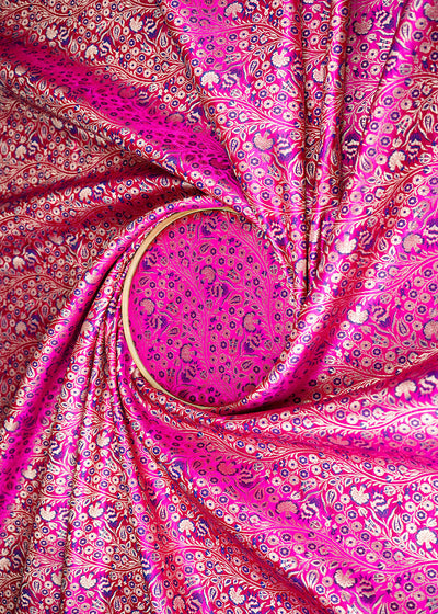 Rani Pink Banarasi Brocade Fabric With All Over Golden Zari Handloom 23391