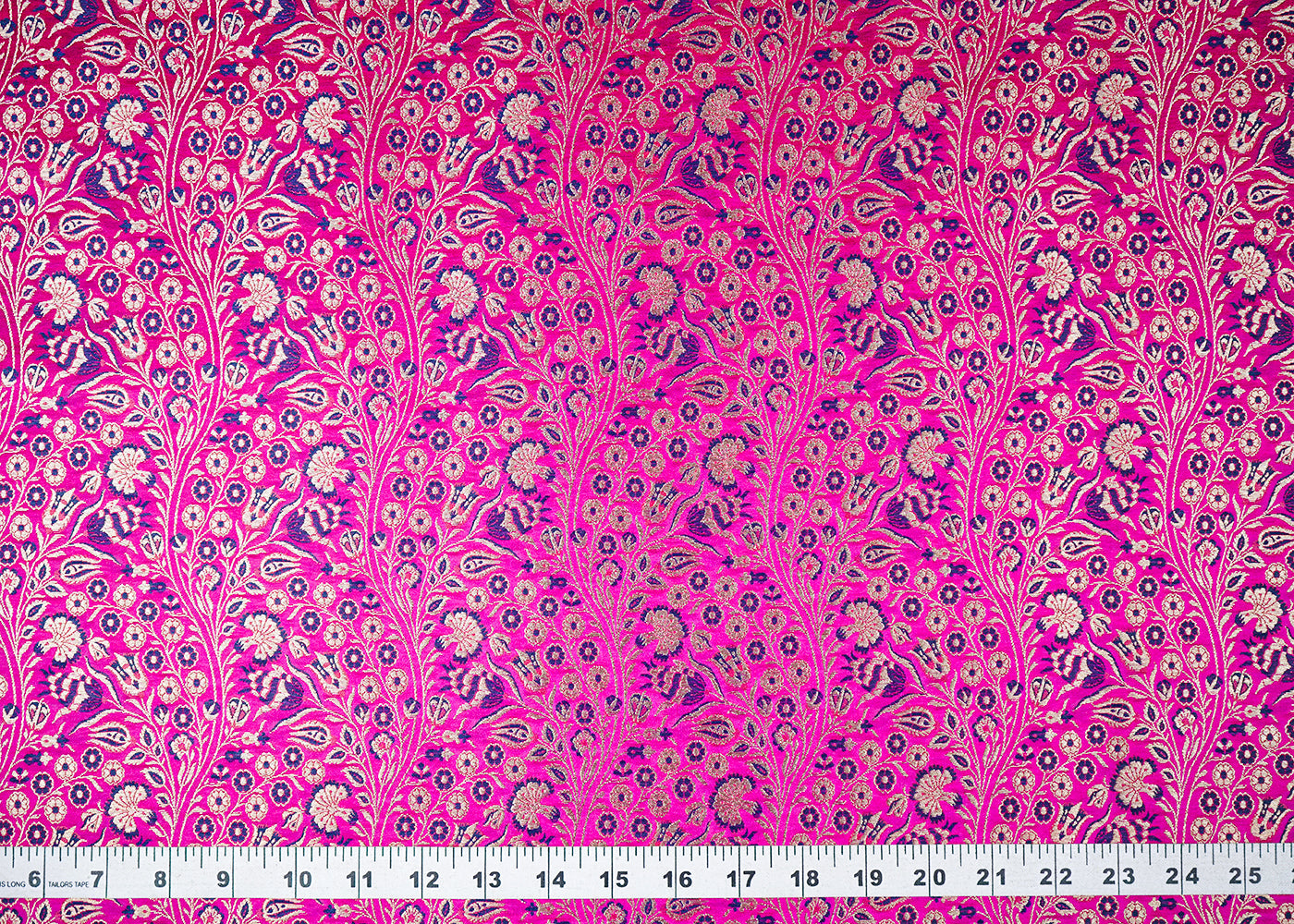 Rani Pink Banarasi Brocade Fabric With All Over Golden Zari Handloom 23391