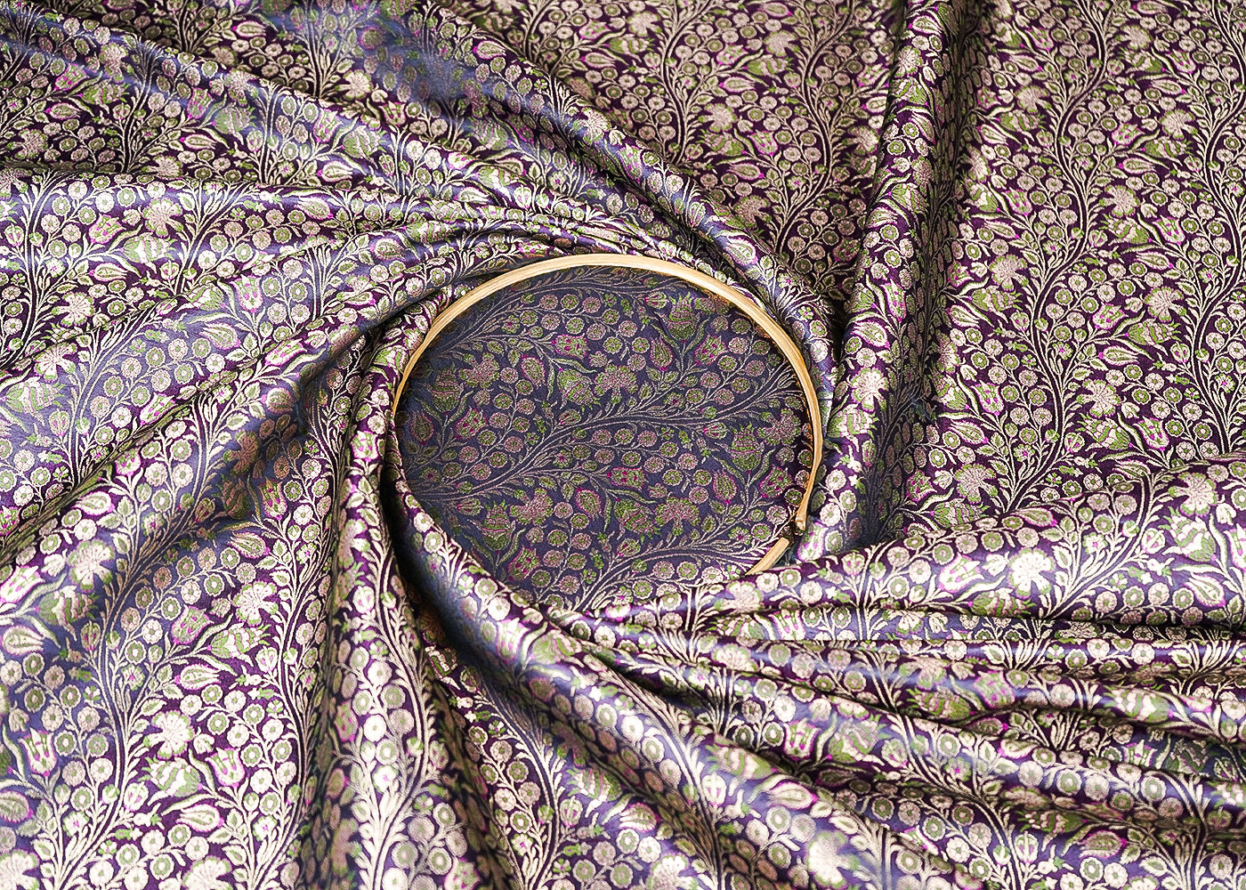 Purple Banarasi Brocade Fabric With All Over Golden Zari Handloom 23393