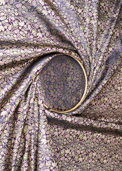 Purple Banarasi Brocade Fabric With All Over Golden Zari Handloom 23393