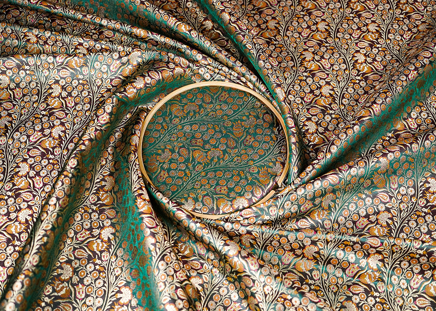 Green Banarasi Brocade Fabric With All Over Golden Zari Handloom 23394