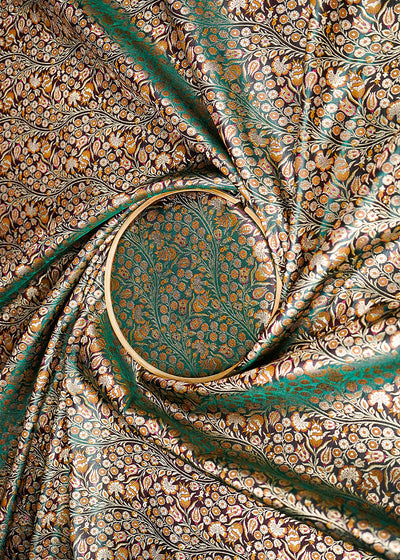 Green Banarasi Brocade Fabric With All Over Golden Zari Handloom 23394