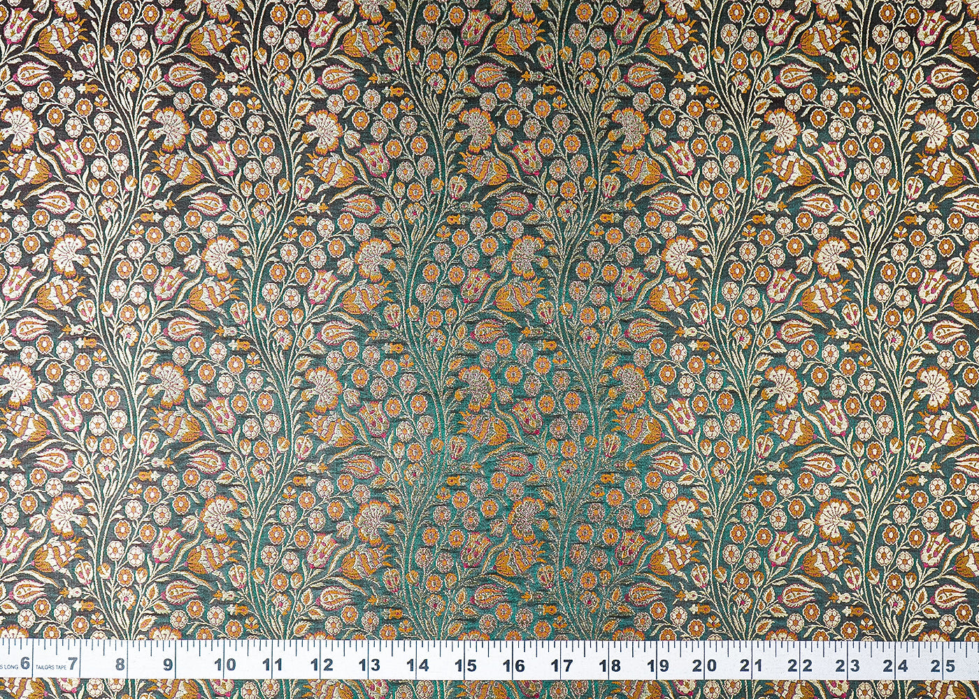 Green Banarasi Brocade Fabric With All Over Golden Zari Handloom 23394