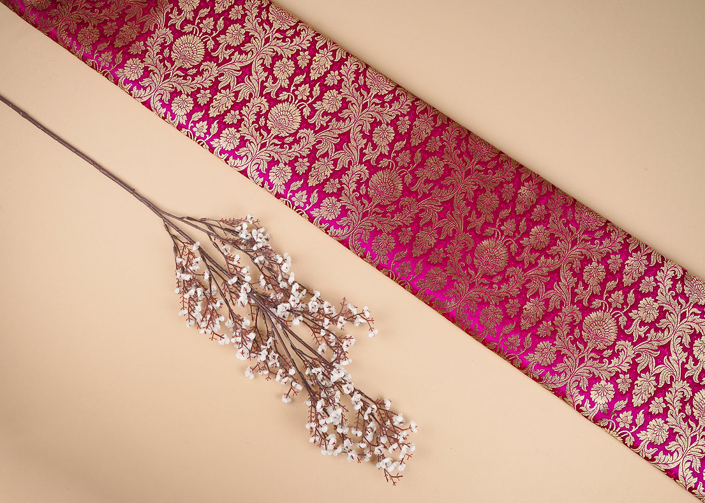 Rani Pink Banarasi Brocade Fabric With All Over Golden Zari Handloom 23396