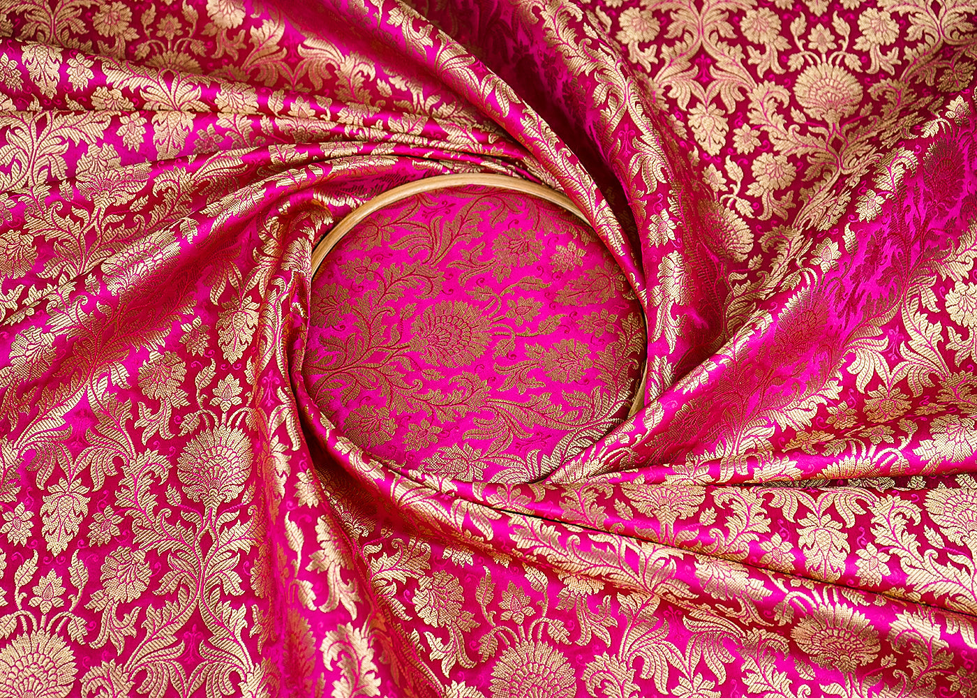 Rani Pink Banarasi Brocade Fabric With All Over Golden Zari Handloom 23396