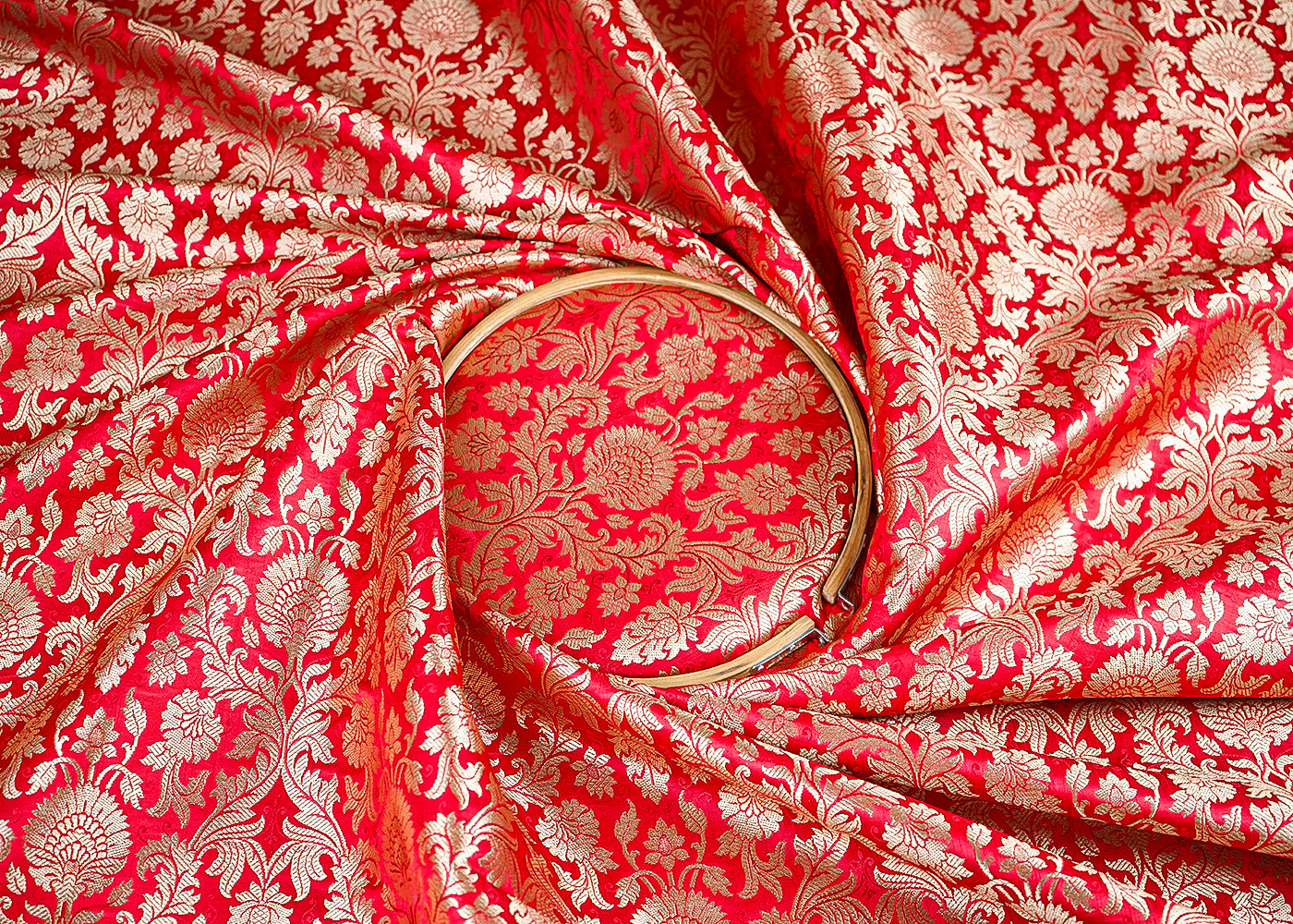 Red Banarasi Brocade Fabric With All Over Golden Zari Handloom 23397