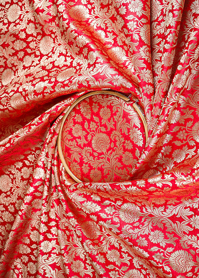 Red Banarasi Brocade Fabric With All Over Golden Zari Handloom 23397