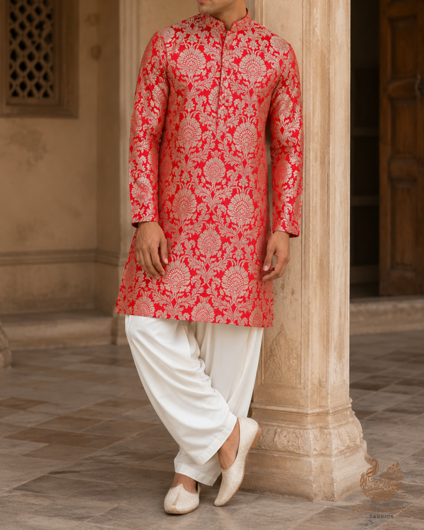 Red Banarasi Brocade Fabric With All Over Golden Zari Handloom 23397