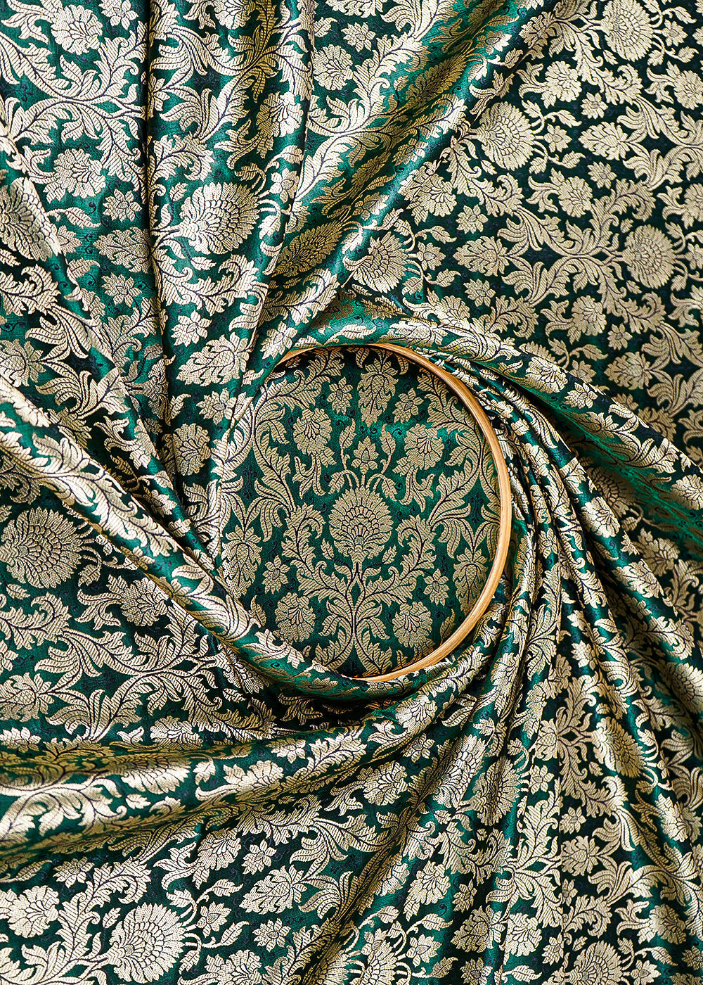 Bottle Green Banarasi Brocade Fabric With All Over Golden Zari Handloom 23398