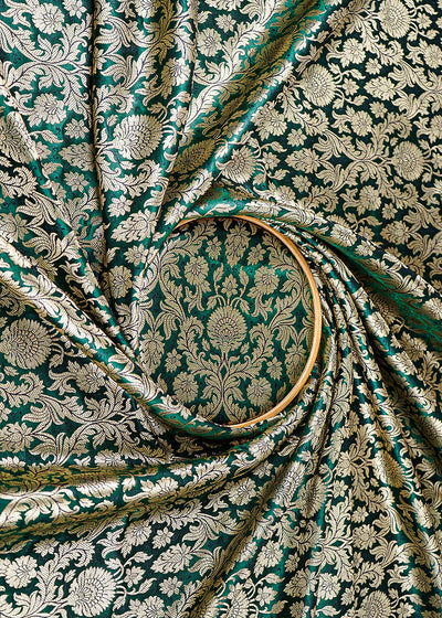 Bottle Green Banarasi Brocade Fabric With All Over Golden Zari Handloom 23398