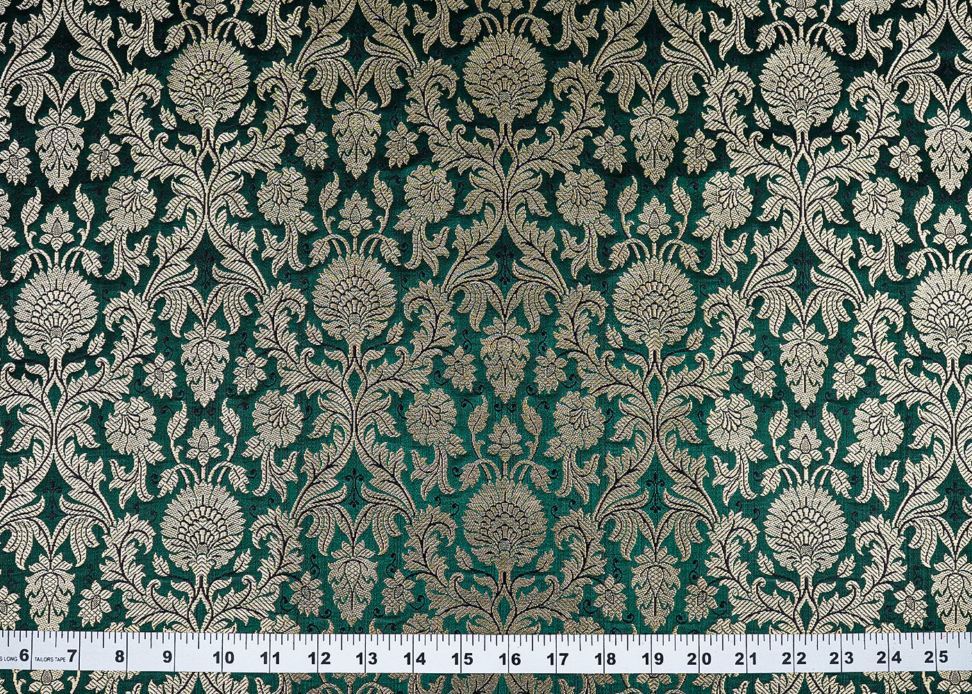 Bottle Green Banarasi Brocade Fabric With All Over Golden Zari Handloom 23398