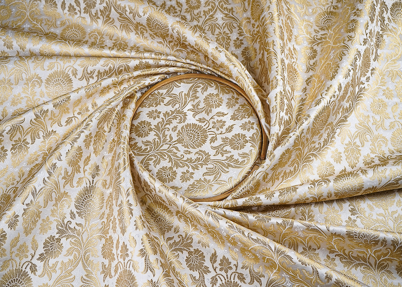 Off White Banarasi Brocade Fabric With All Over Golden Zari Handloom 23401