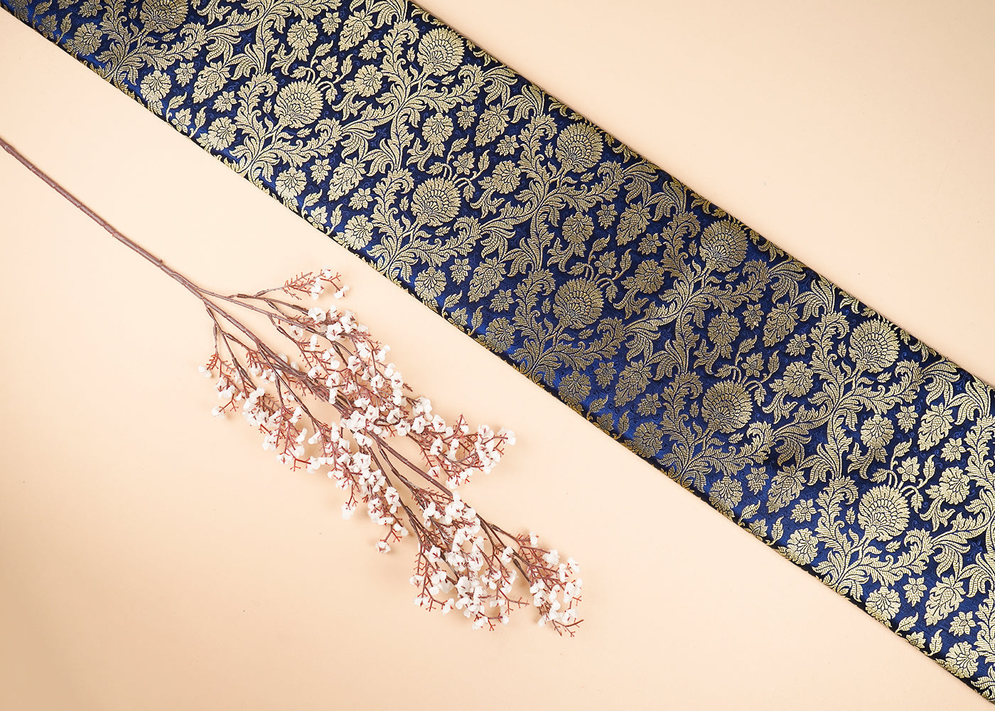 Navy Blue Banarasi Brocade Fabric With All Over Golden Zari Handloom 23402