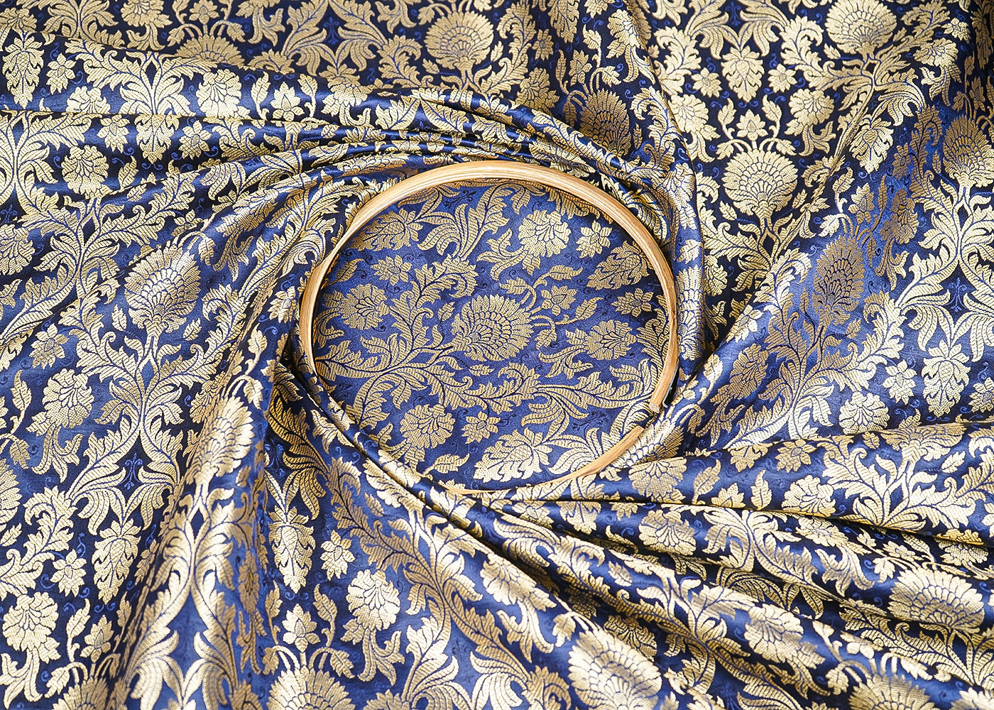 Navy Blue Banarasi Brocade Fabric With All Over Golden Zari Handloom 23402