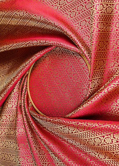 Rani Pink Banarasi Brocade Fabric With All Over Golden Zari Handloom 23416