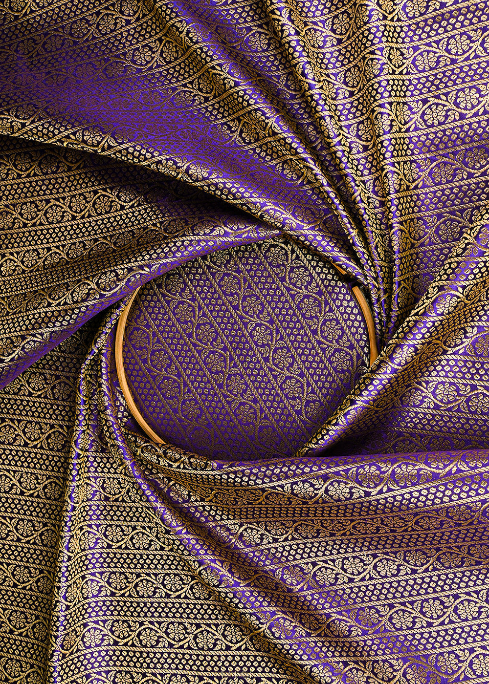 Purple Banarasi Brocade Fabric With All Over Golden Zari Handloom 23417
