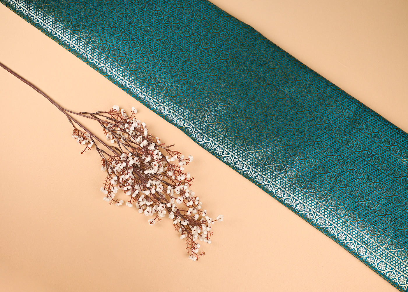 Teal Blue Banarasi Brocade Fabric With All Over Golden Zari Handloom 23418