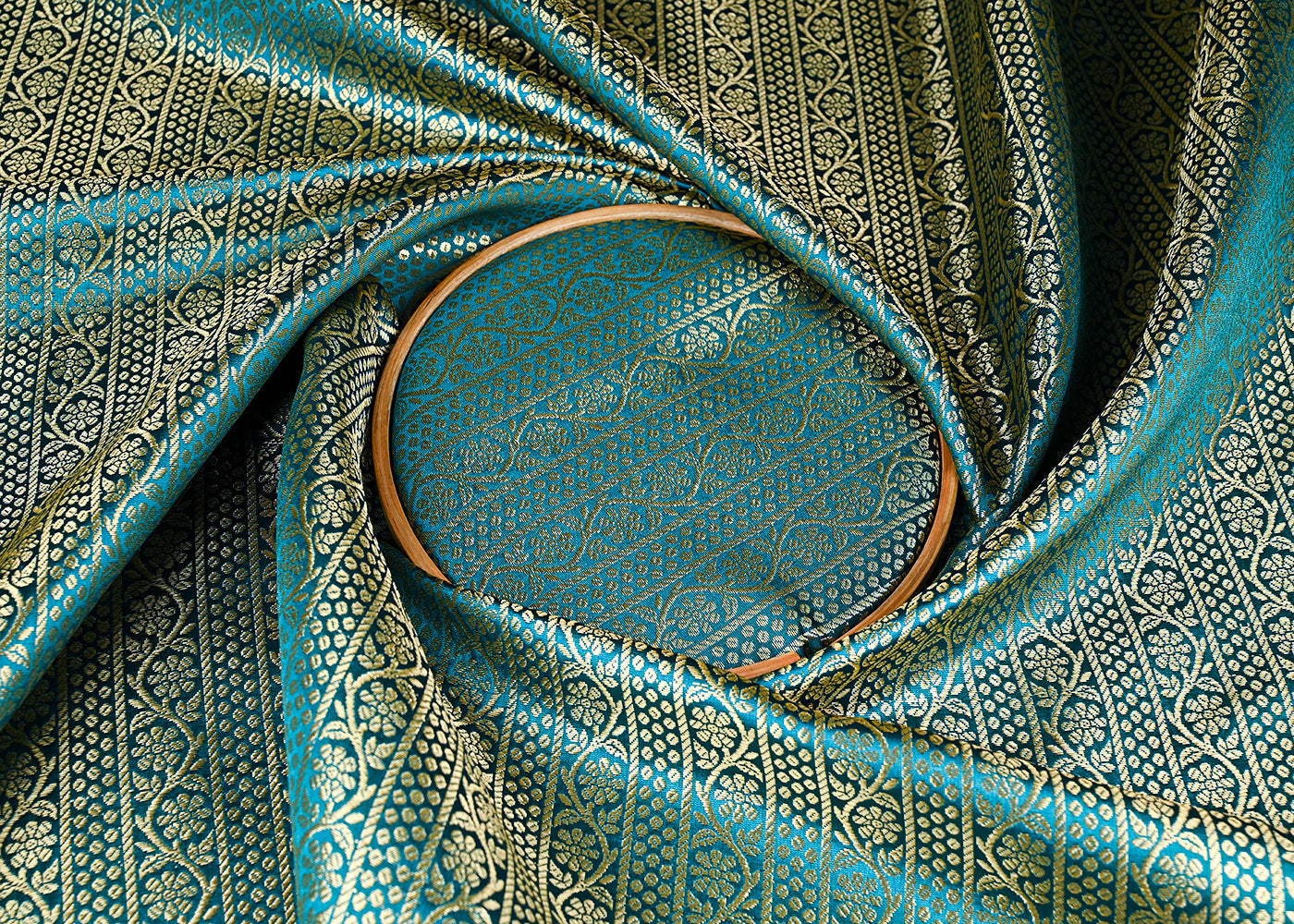 Teal Blue Banarasi Brocade Fabric With All Over Golden Zari Handloom 23418