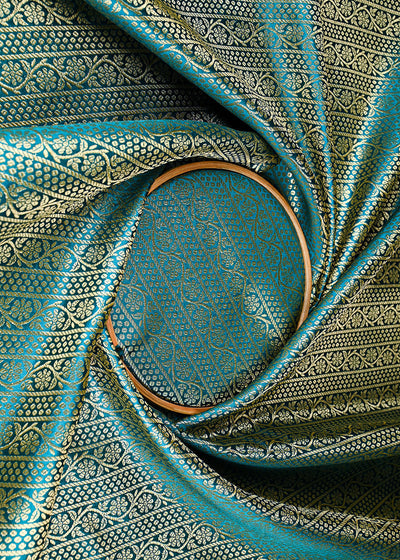 Rama Green Banarasi Brocade Fabric With All Over Golden Zari Handloom 23418