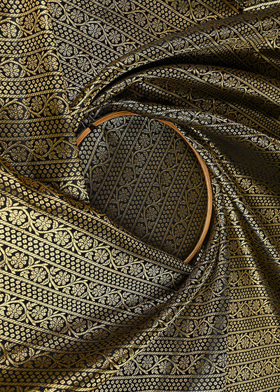 Black Banarasi Brocade Fabric With All Over Golden Zari Handloom 23419